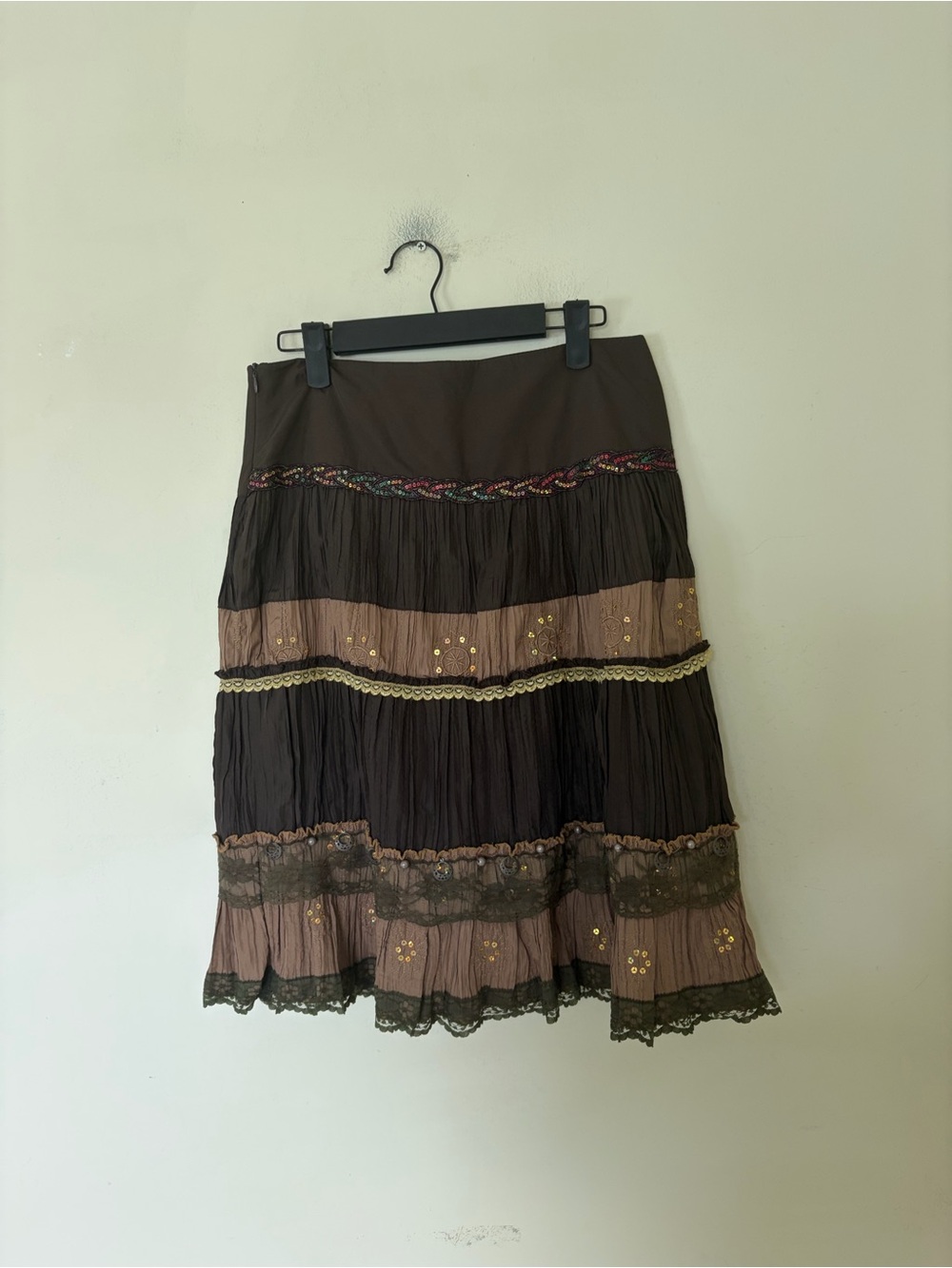 Vintage Y2K boho tiered earthy patchwork lace trim beaded embroidered intricate